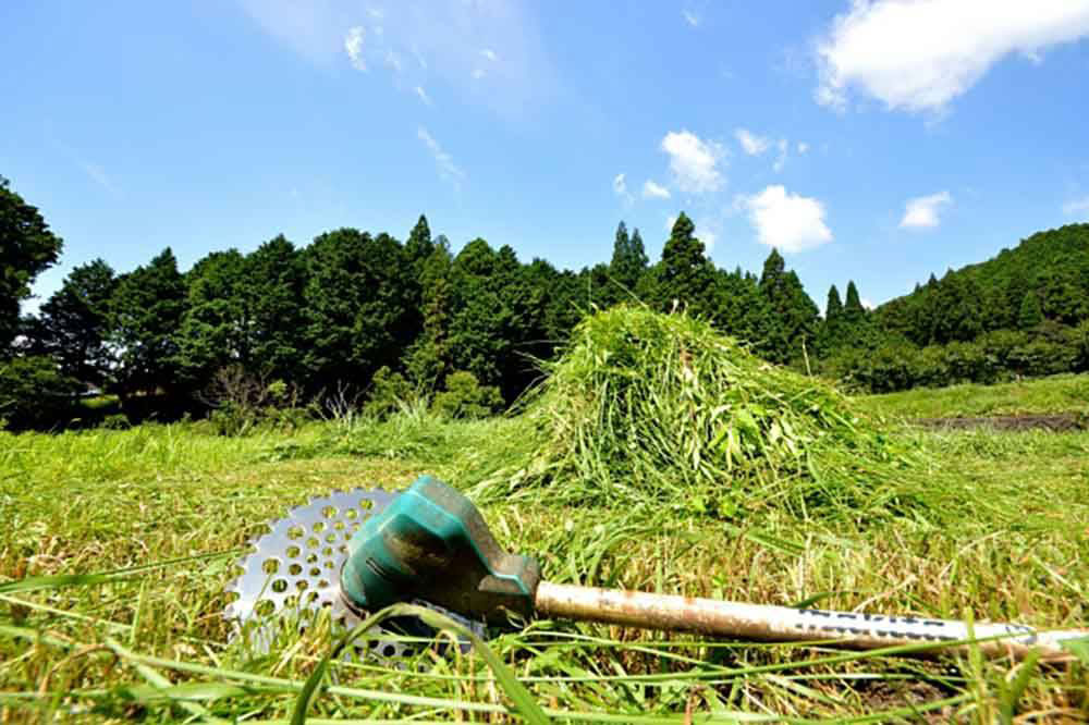草刈り後の草が積まれた野原と草刈機の刃